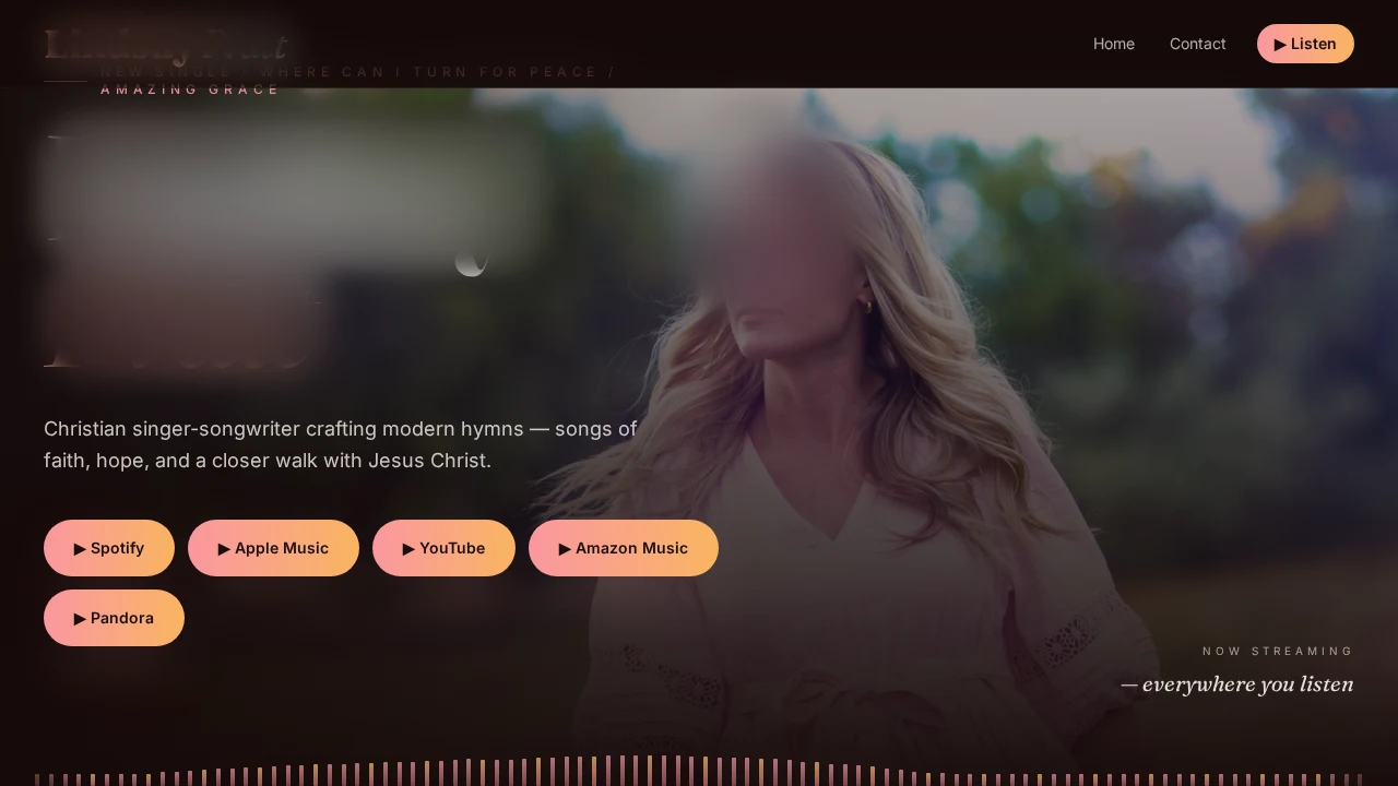 Lindsay Pratt Music website shown as a completed website example with the portrait obscured for privacy