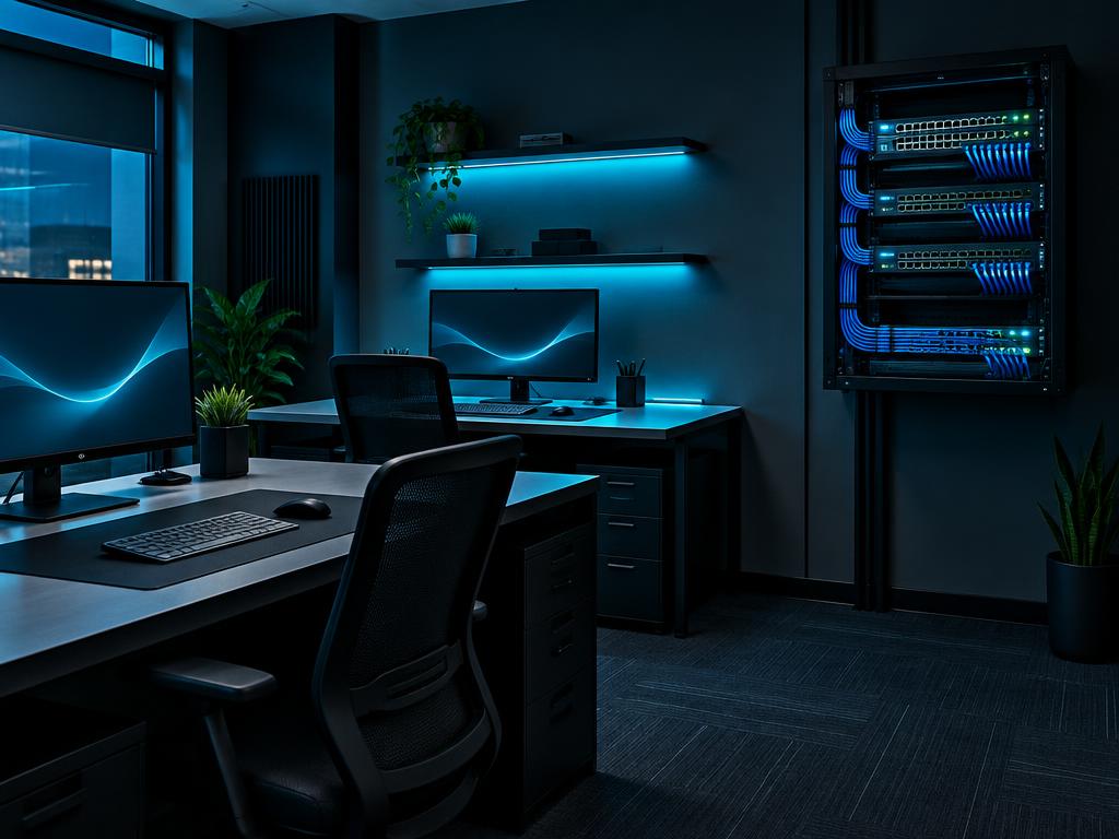 Small office with organized network rack and workstations